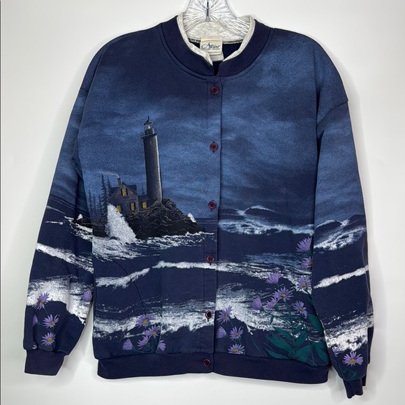 Vintage Artisans Lighthouse Button Up Sweatshirt Size Large - Picture 1 of 9